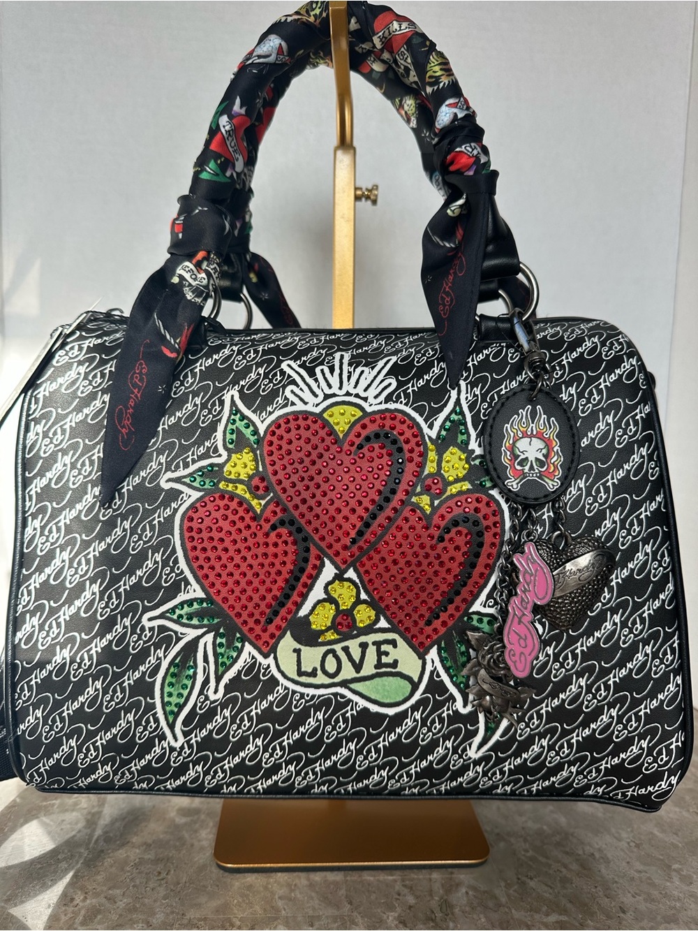 Ed Hardy Goth Y2K Tattoo Satchel Bag Glam Rhinestone Triple Heart Love Charm